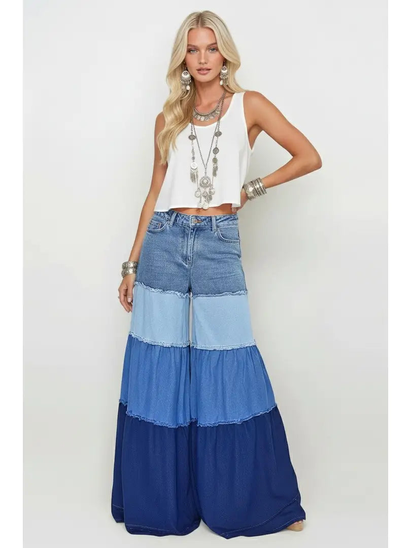 Multi Tiered Wide Leg Palazzo Jeans