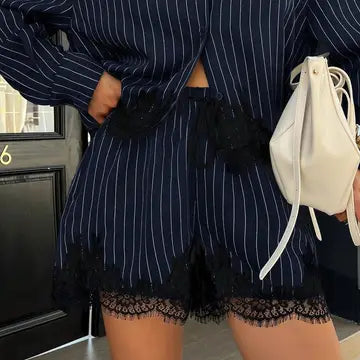 Pinstripe Button Down Shirt & Lace Trim Shorts Matching Set