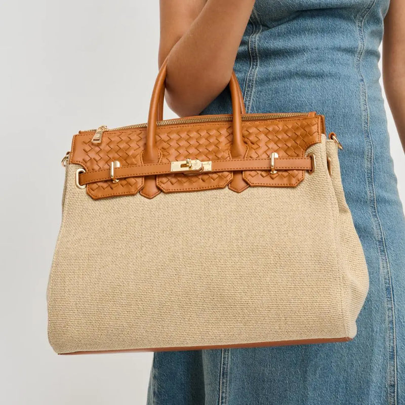 Elegant Woven Leather and Canvas Handbag