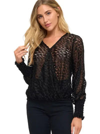 Black Sheer Lace V-Neck Long Sleeve Blouse Top