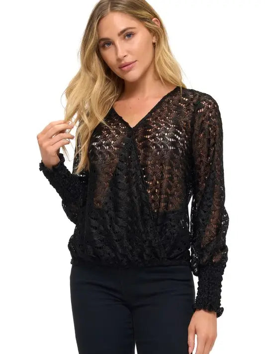 Black Sheer Lace V-Neck Long Sleeve Blouse Top