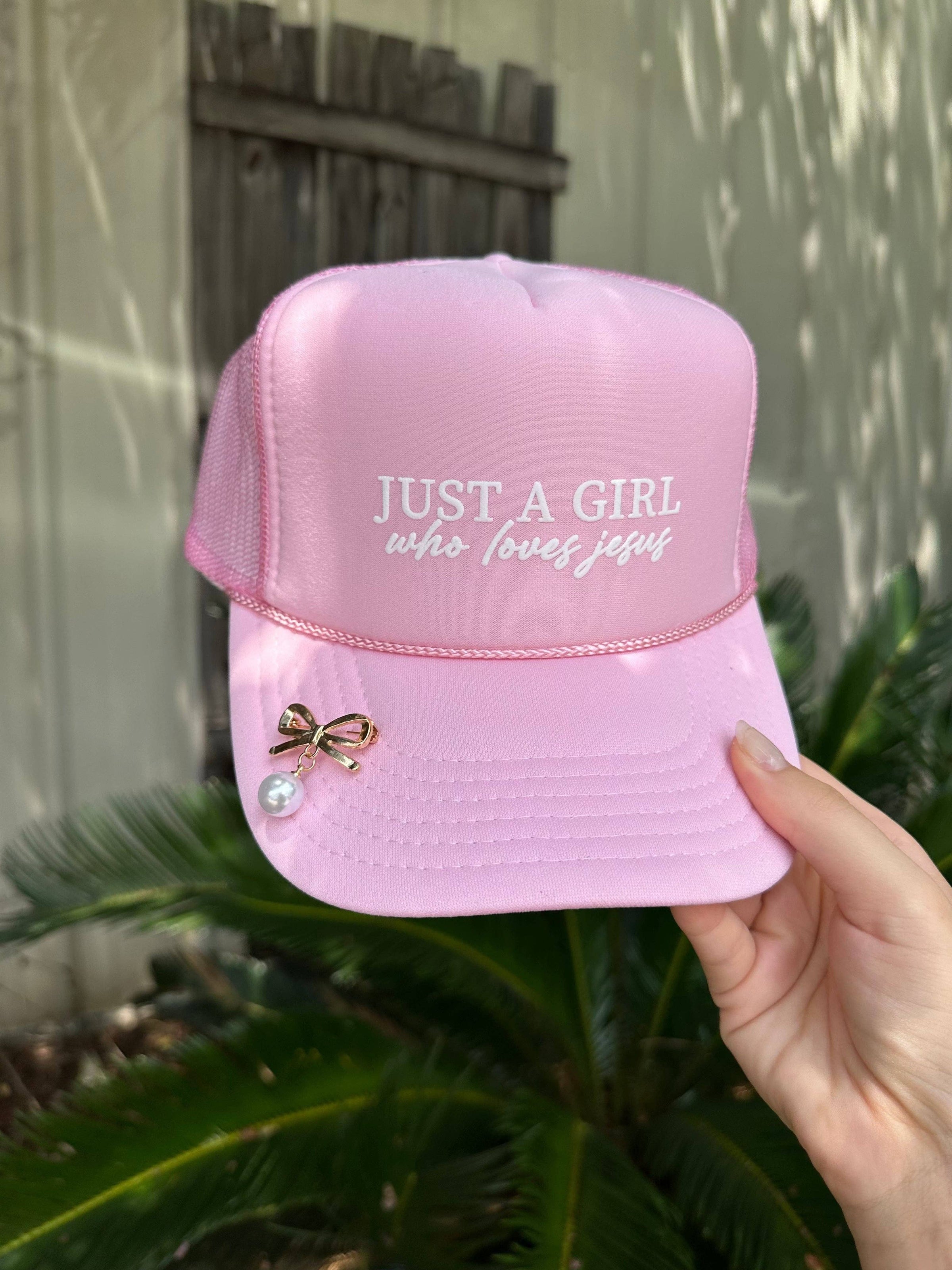 "Just a Girl Who Loves Jesus Light Pink Trucker" WITH PIN