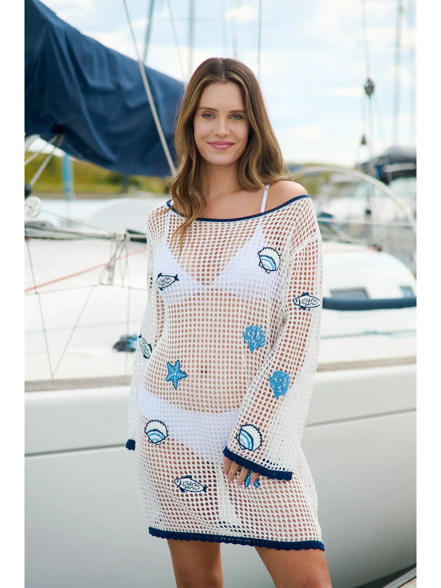 White Crochet Mesh Beach Cover Up with Blue Trim and Sea Life Embroidery