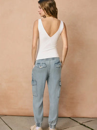 Washed Denim Cargo Jogger Pants with Drawstring Waist