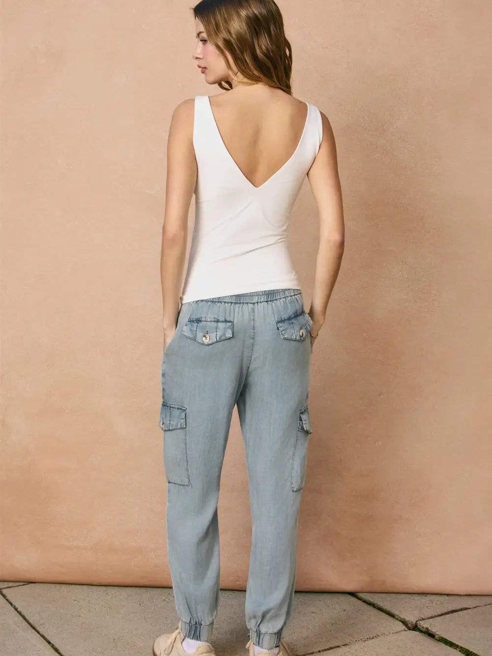 Washed Denim Cargo Jogger Pants with Drawstring Waist