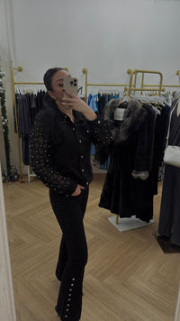 Black Denim Jacket with Sheer Pearl-Embellished Sleeves