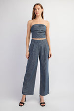 STRETCH DENIM STRIPE PLEAT WIDE LEG PANTS