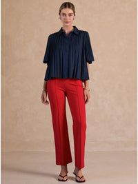 Blue Pleated Button Front Short Sleeve Collared Blouse