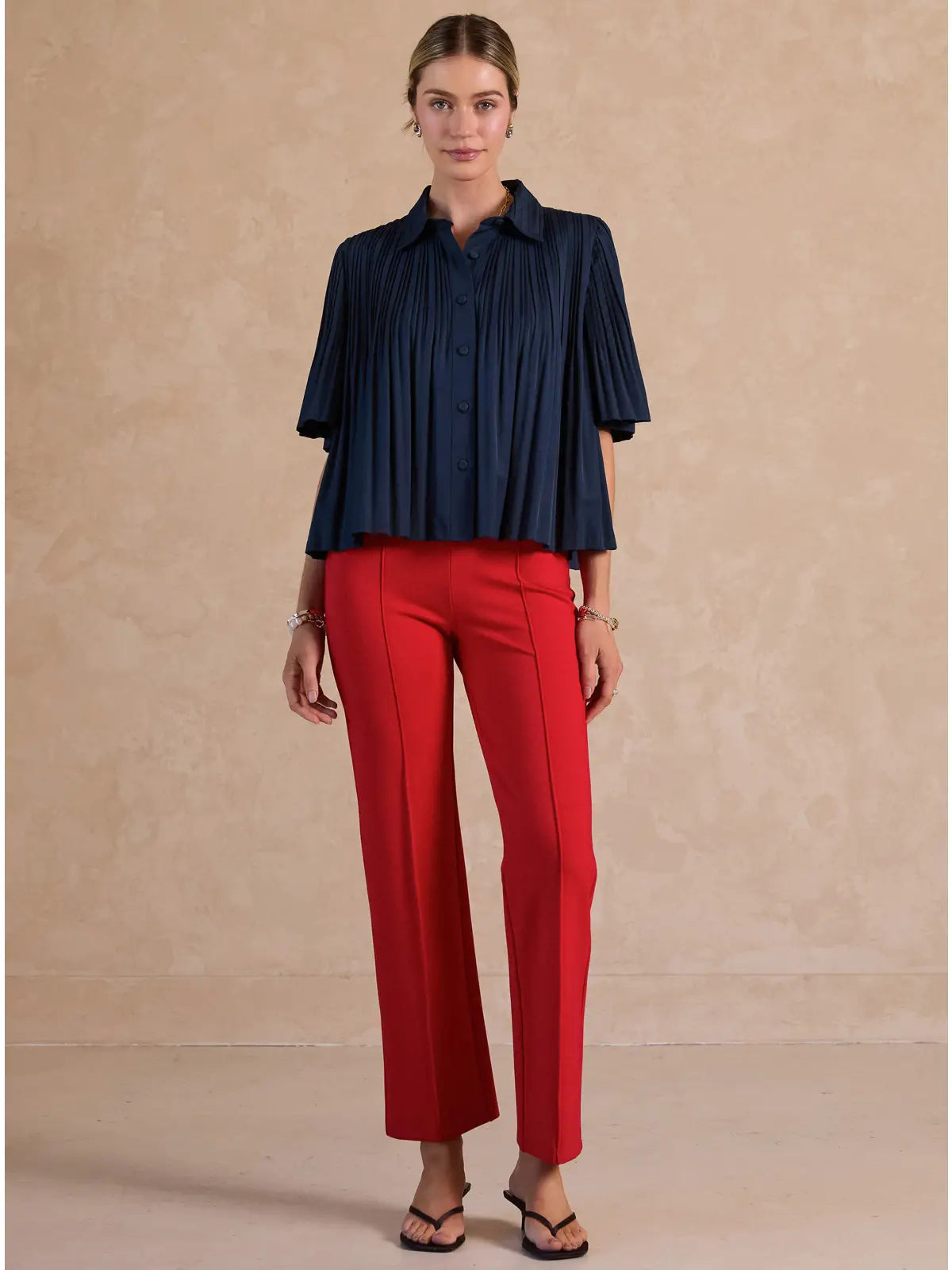 Blue Pleated Button Front Short Sleeve Collared Blouse