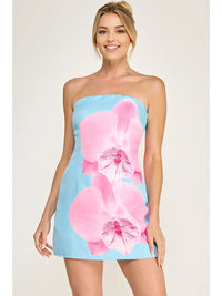 Blue & Pink Orchid Print Strapless Mini Dress