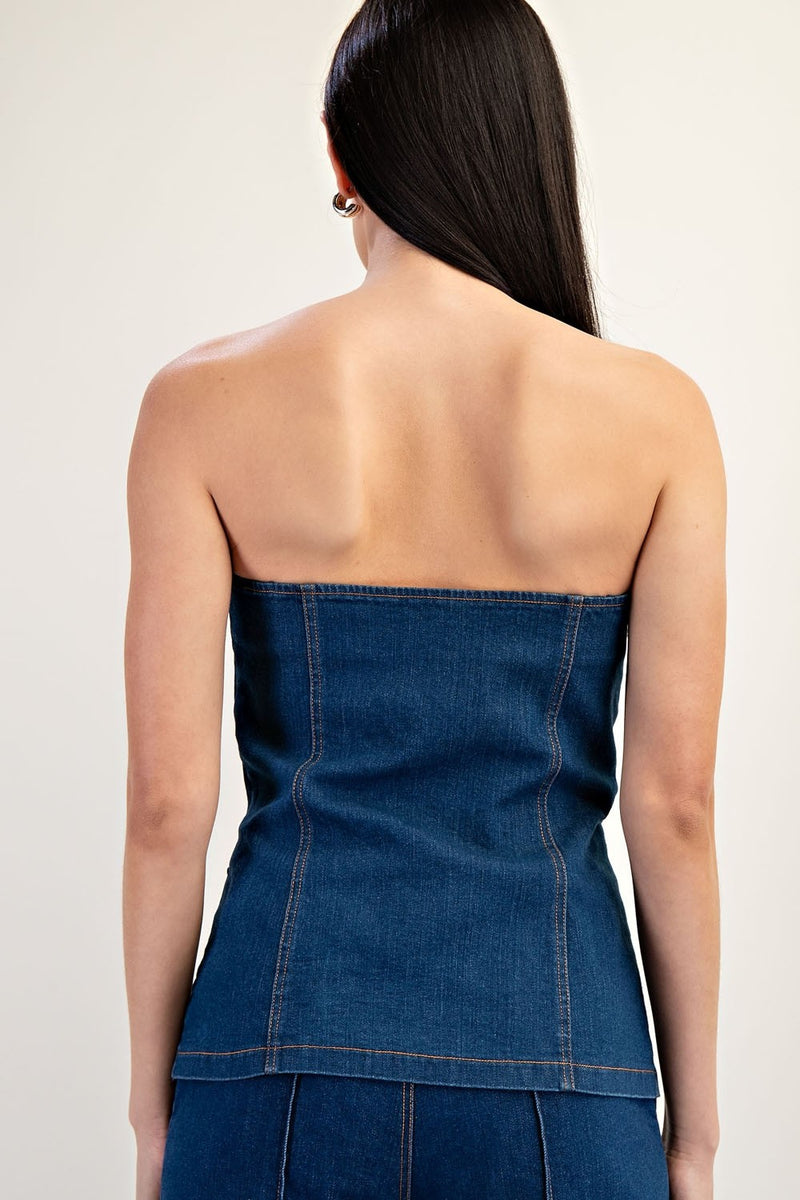 STRAPLESS TAILORED STRETCH DENIM TUBE TOP