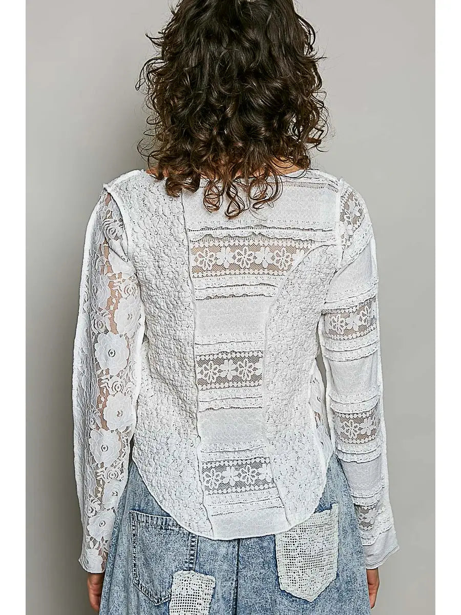 White Lace Texture Knit Slim Fit Top