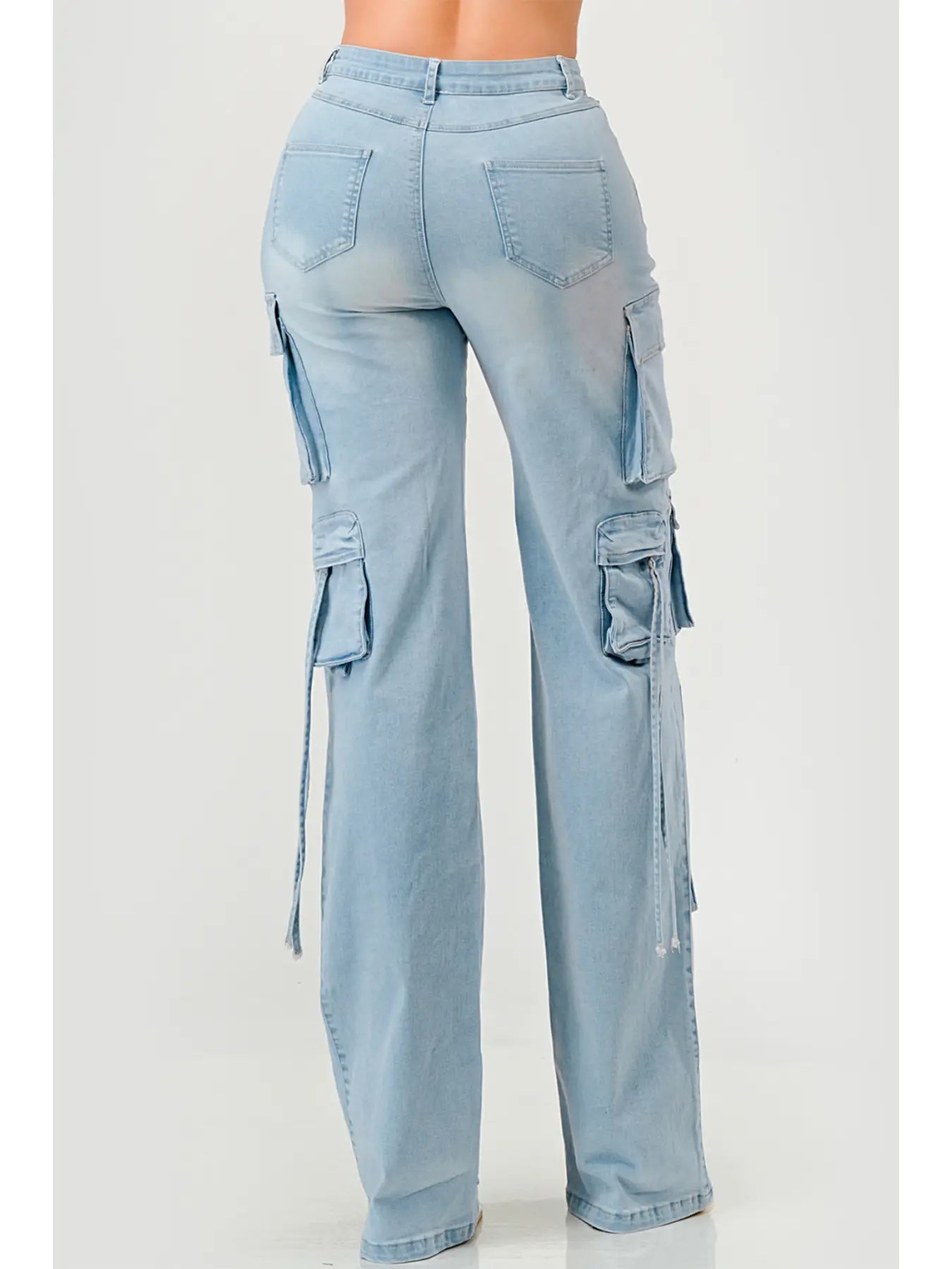 Light Wash Multi Pocket Cargo Wide Leg Jeans