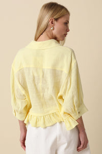 Lightweight Ruffle Hem Button-Up Blouse with Puff Sleeves in Pastel Yellow