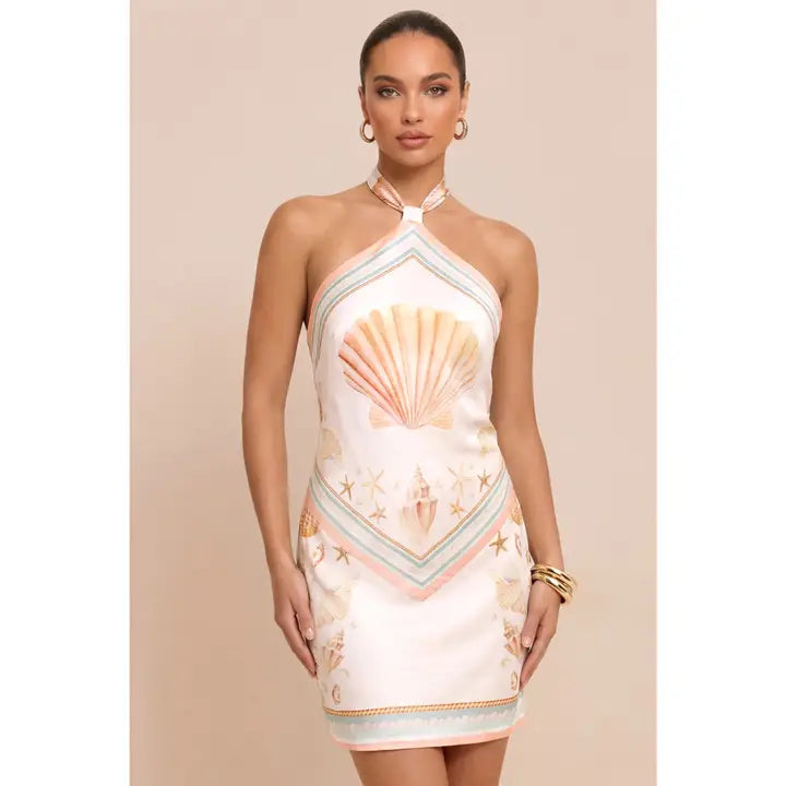 Seashell Print Halter Mini Dress with Coastal Motif and Sleek Fit