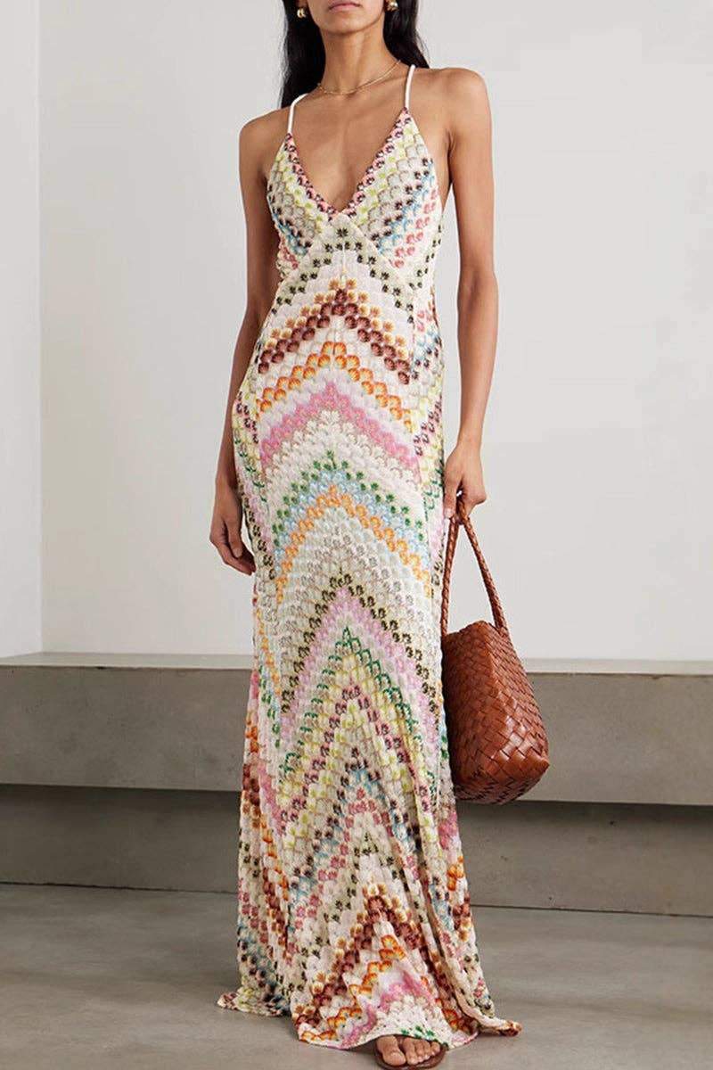 Bohemian Crochet Maxi Dress Beige / S