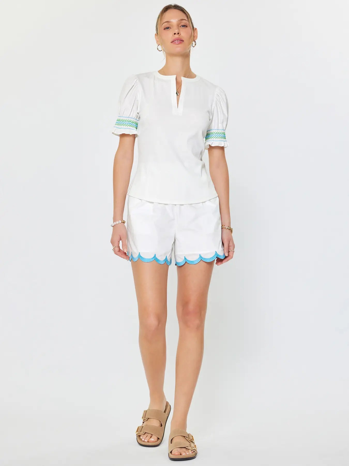 White Puff Sleeve Smocked Detail Blouse