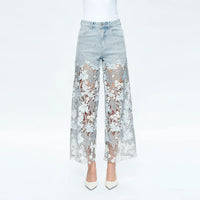Light Wash Wide Leg Jeans with Sheer Floral Lace Panels
