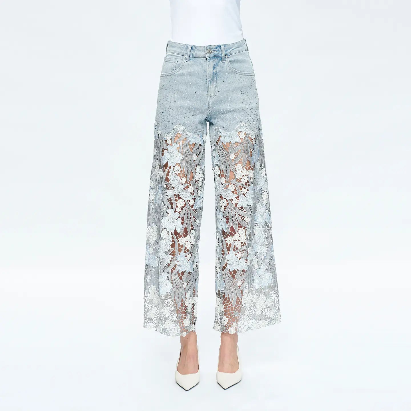 Light Wash Wide Leg Jeans with Sheer Floral Lace Panels
