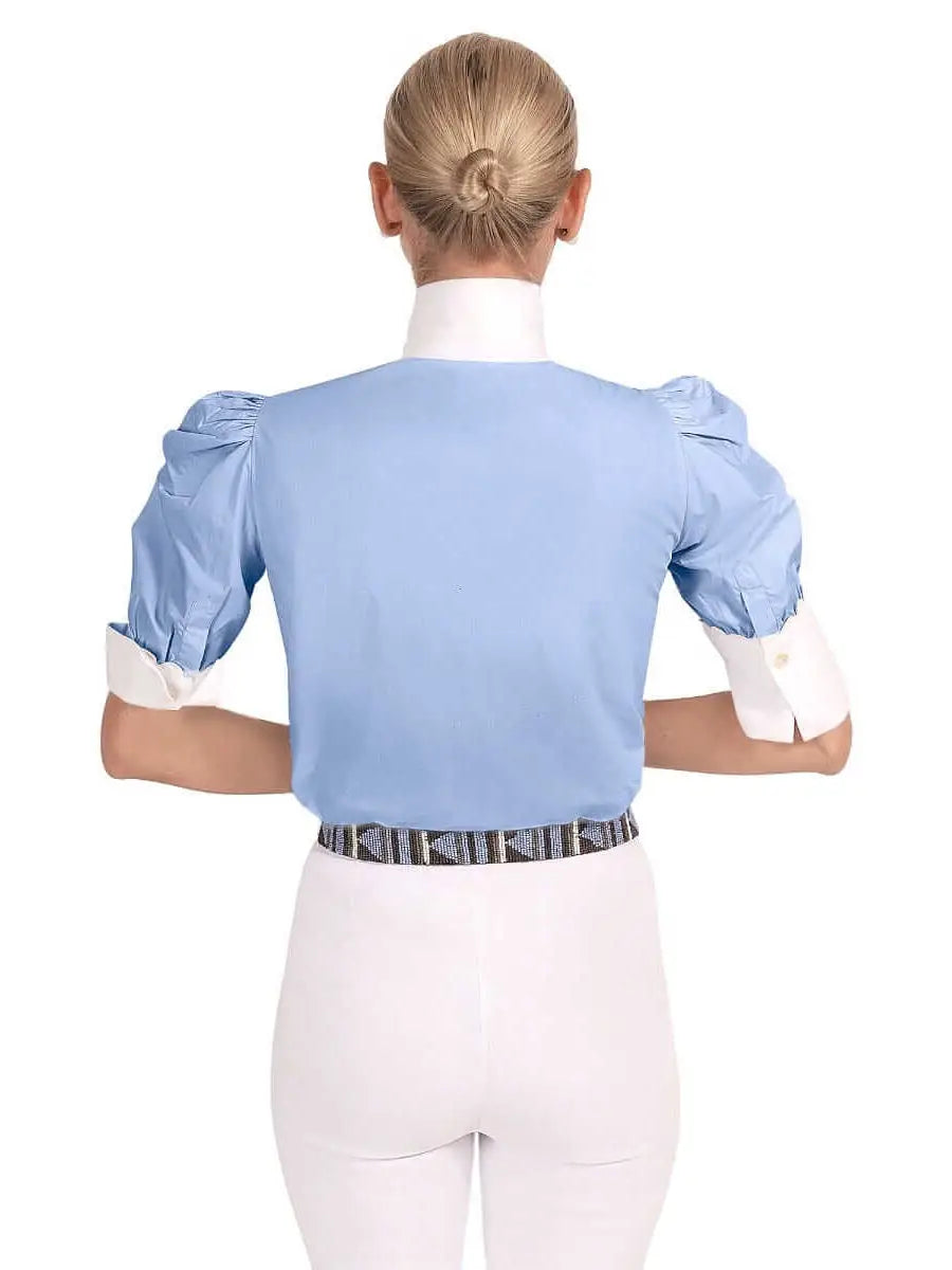 Puff Sleeve Scallop Trim Blouse in Powder Blue