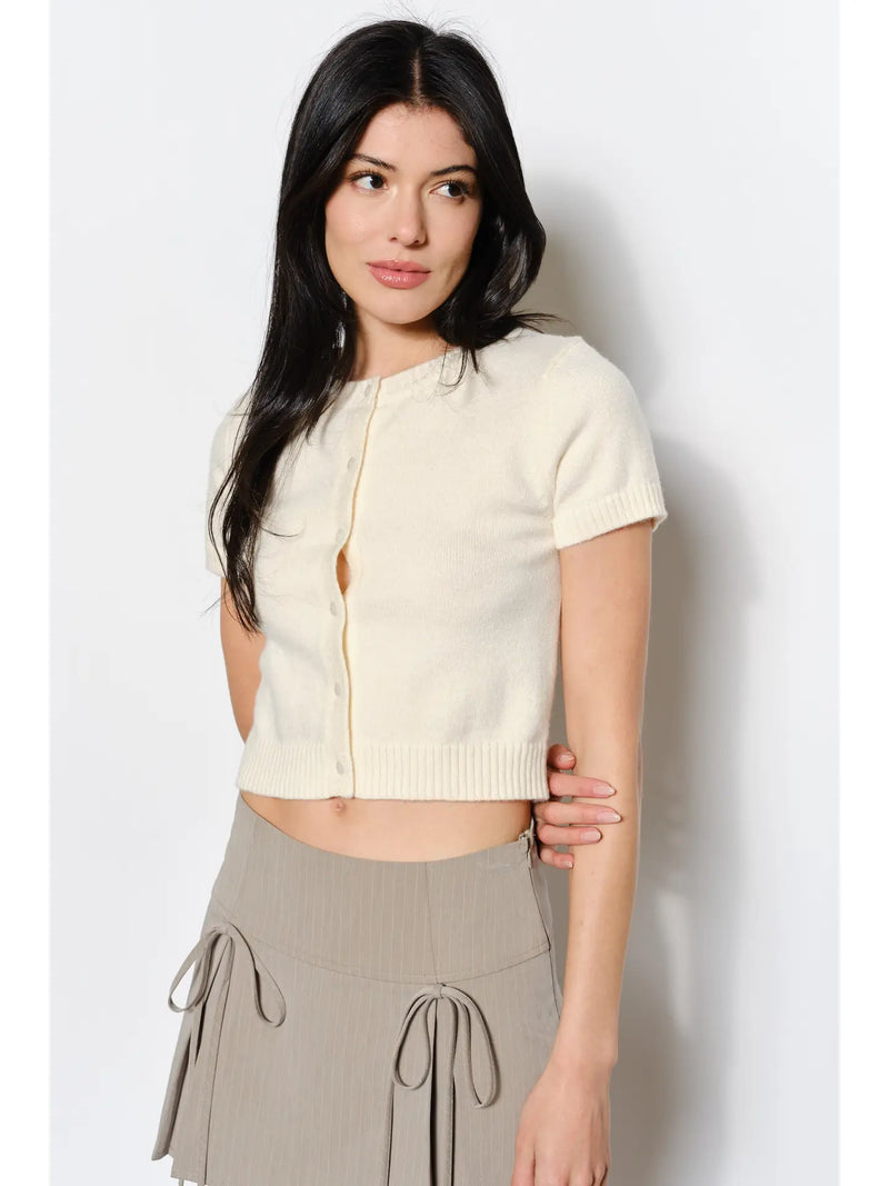 Cream Short Sleeve Cropped Knit Cardigan