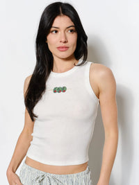 White Ribbed Tank Top with Beaded Olive Embroidery