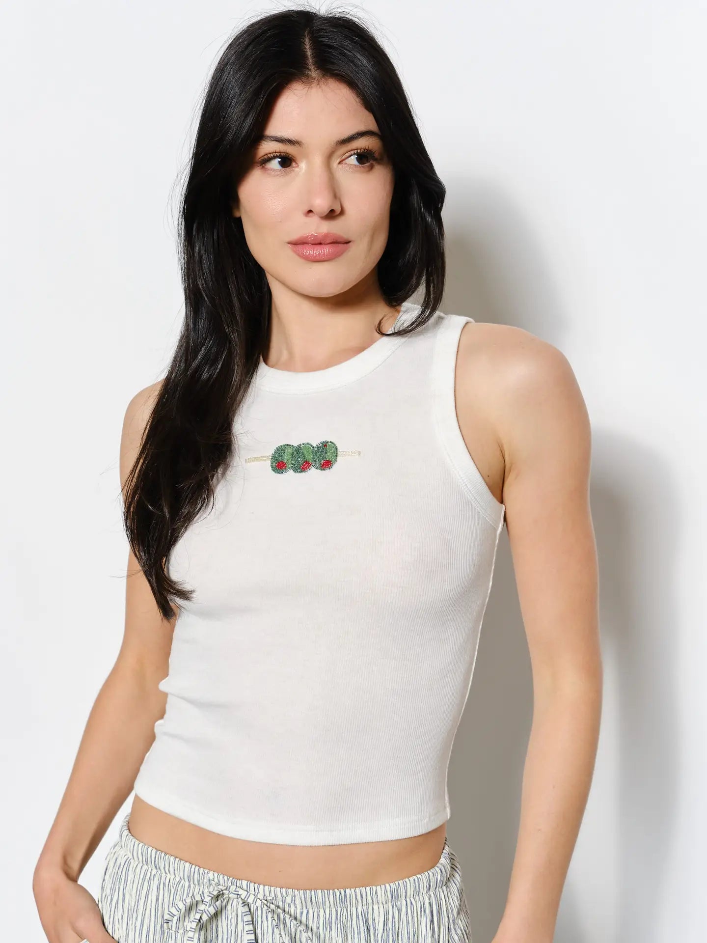 White Ribbed Tank Top with Beaded Olive Embroidery