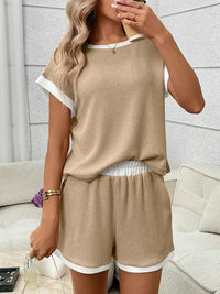 Ribbed Contrast Trim Tee & Shorts Lounge Set