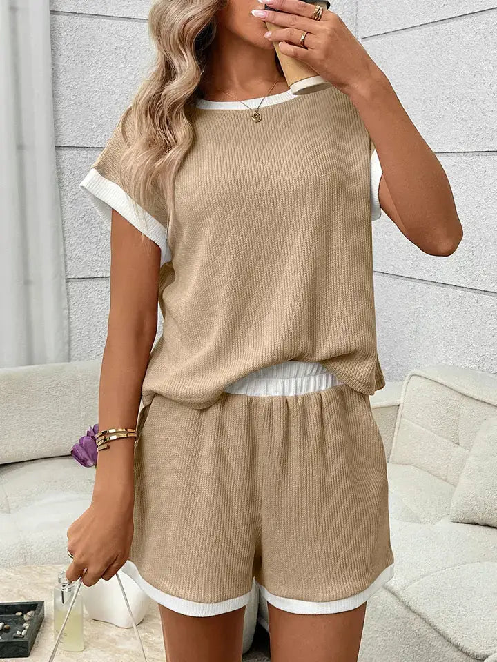 Ribbed Contrast Trim Tee & Shorts Lounge Set