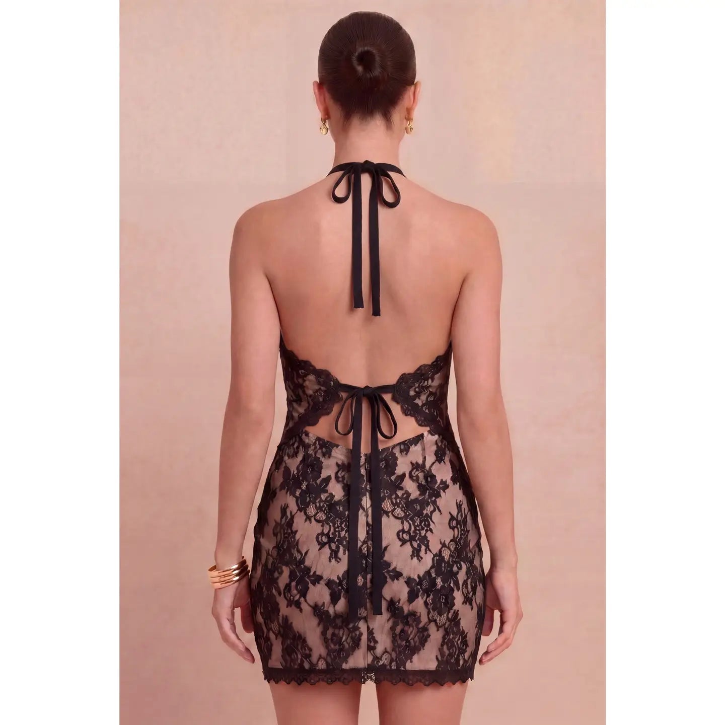 Black Lace Halter Mini Dress with Open Back Tie Detail