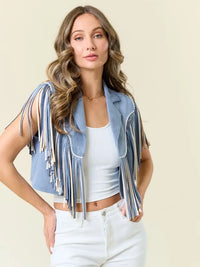 Powder Blue Fringe-Trimmed Western Crop Vest