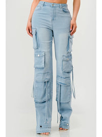 Light Wash Multi Pocket Cargo Wide Leg Jeans