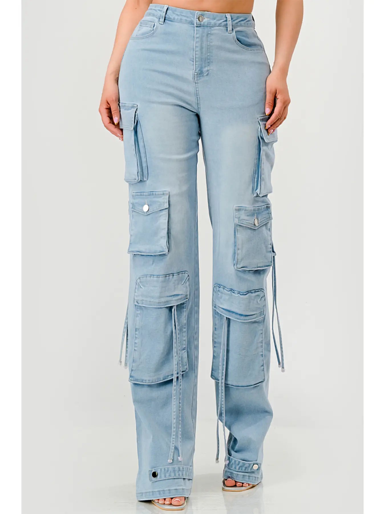 Light Wash Multi Pocket Cargo Wide Leg Jeans