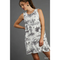 Toile Print Sleeveless Mini Dress in Black and White