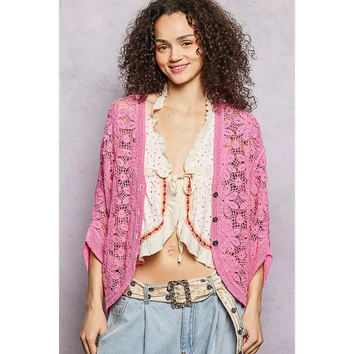 Pink Crochet Lace Button Front Cardigan Top
