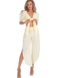 Baby Yellow Puff Sleeve Front-Tie Crop Top
