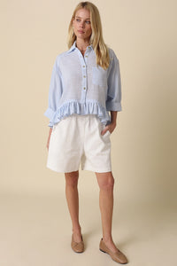 Lightweight Ruffle Hem Button-Up Blouse with Puff Sleeves in Blue