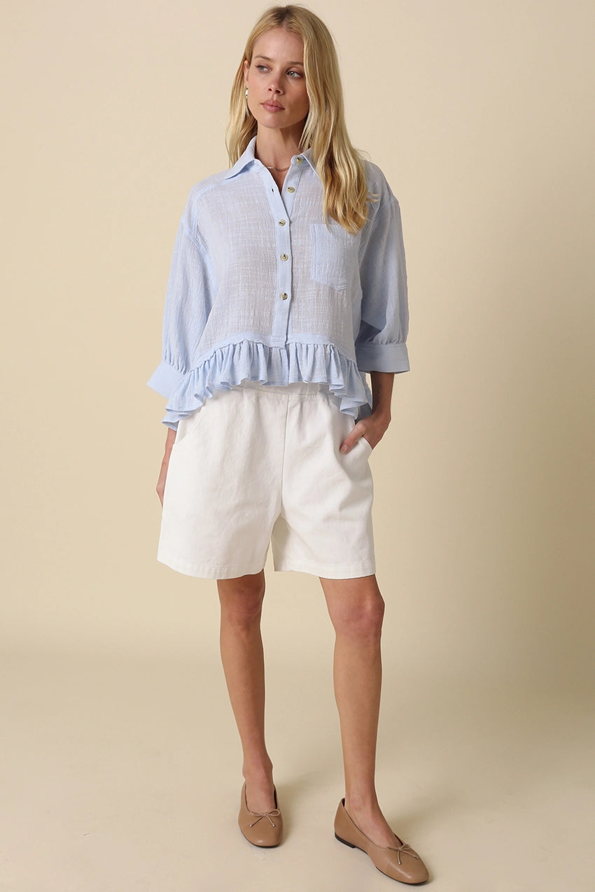 Lightweight Ruffle Hem Button-Up Blouse with Puff Sleeves in Blue