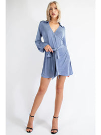 Blue Lurex Wrap Style Long Sleeve Mini Dress