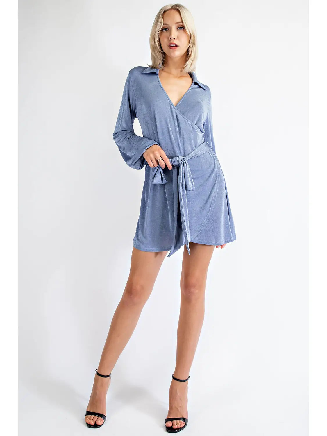 Blue Lurex Wrap Style Long Sleeve Mini Dress