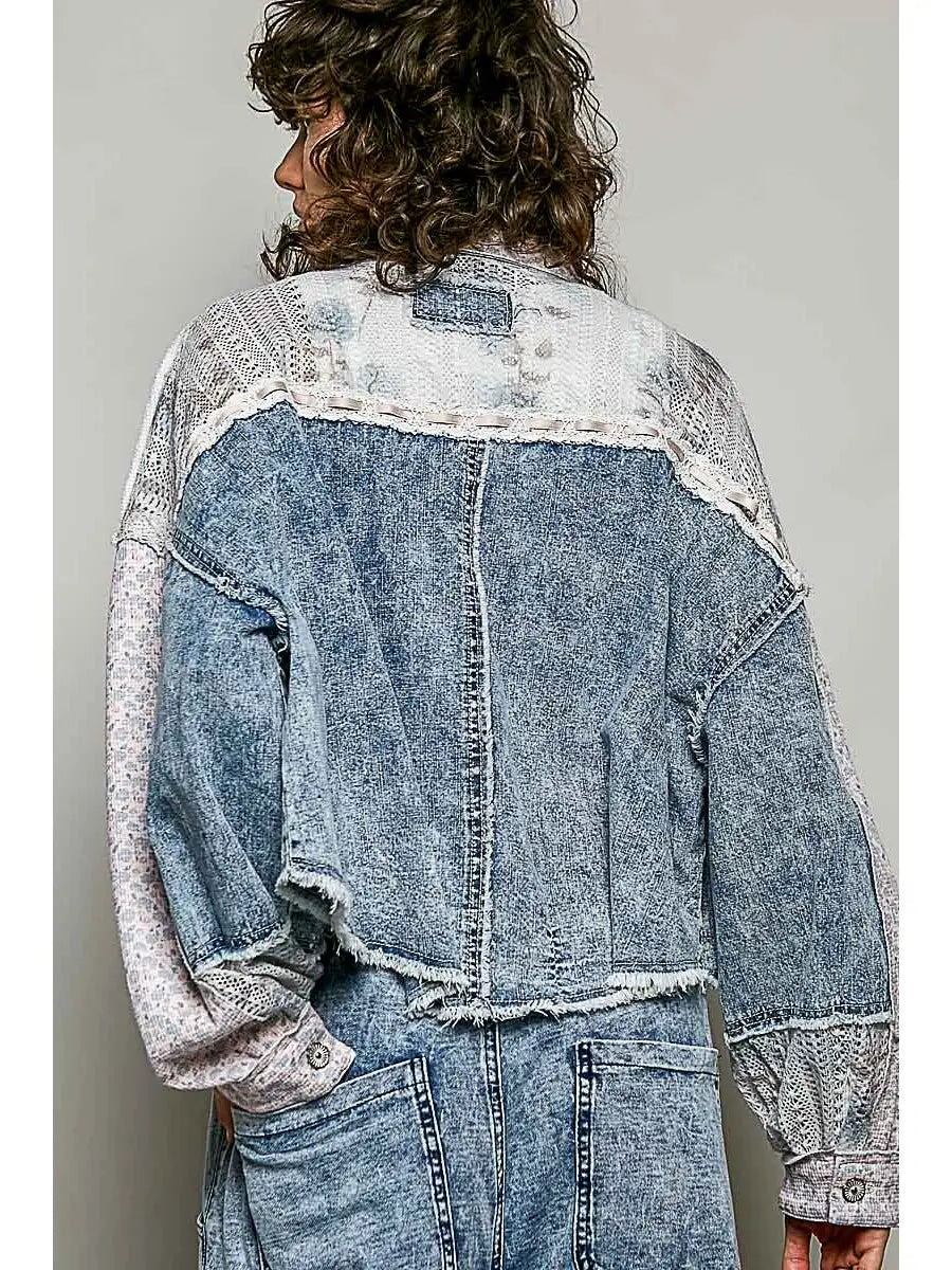 Patchwork Denim Lace Contrast Cropped Jacket with Utility Pockets