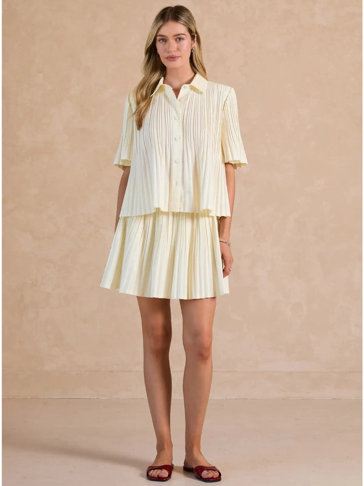 Cream Pleated Button Front Short Sleeve Collared Blouse