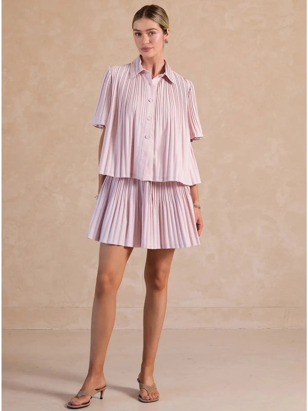 Pink Pleated Button Front Short Sleeve Collared Blouse