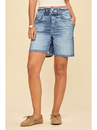 High Rise Elastic Waist Denim Shorts in Vintage Wash