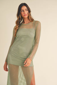 Sage Green Mesh Long Sleeve Midi Dress