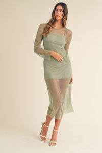 Sage Green Mesh Long Sleeve Midi Dress