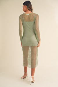 Sage Green Mesh Long Sleeve Midi Dress