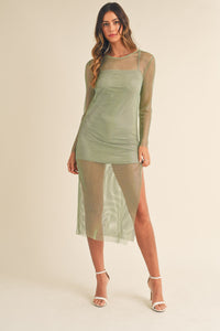 Sage Green Mesh Long Sleeve Midi Dress