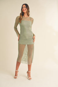 Sage Green Mesh Long Sleeve Midi Dress