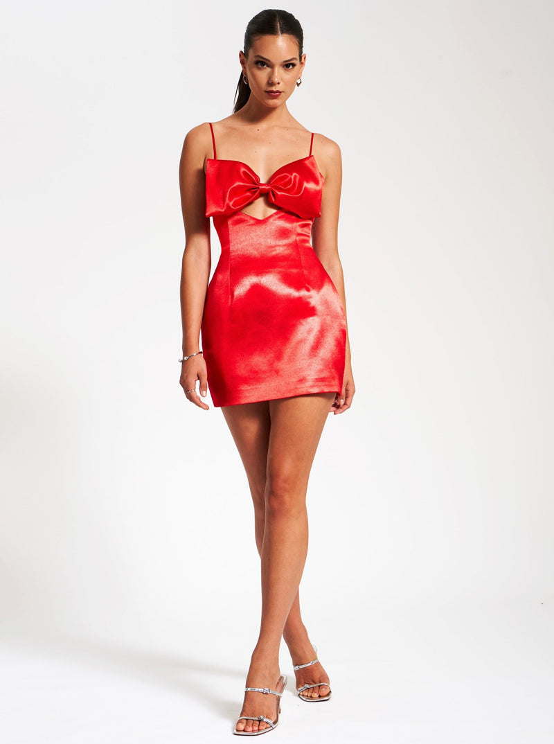 Red Satin Bow Mini Dress